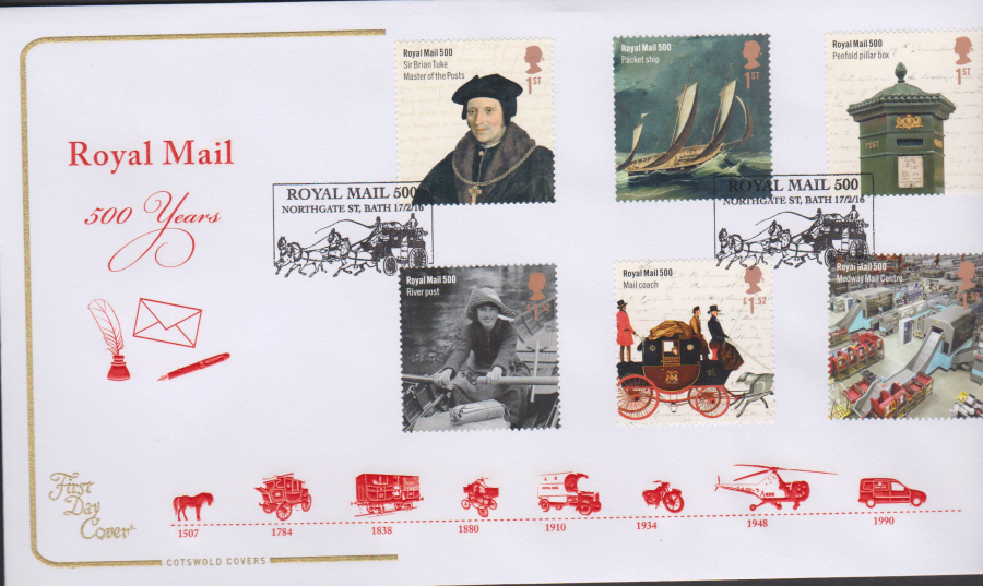 2016 - Royal Mail 500 Years COTSWOLD First Day Cover Set - Royal Mail 500 London Postmark - Click Image to Close
